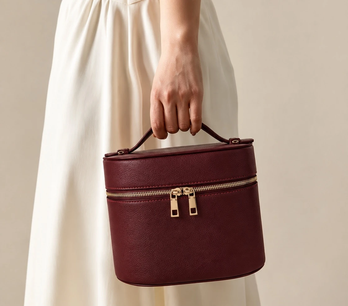 The vanity bag carried by its rolled leather handle, showing the gold twin-pull zip running the width of the case.